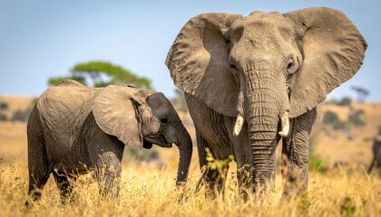 Fototapeta premium African Elephants in the Serengeti - A Mother and Calf.