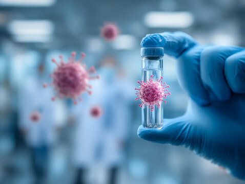 Medical researcher holding a vial with a captured virus model while scientists work in a blurred laboratory background focused on infectious disease study and testin
