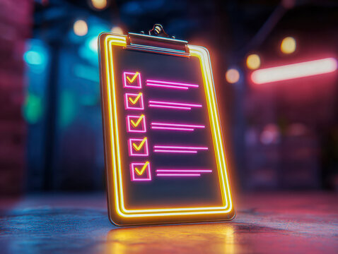 Neon illuminated checklist on a clipboard with all tasks marked completed against a vibrant blurred background with colorful lights and reflections