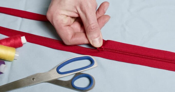 Man tailor carefully fastens bright red zipper preparing for sewing. Professional craftsman zips up zipper prepared for attachment to fabric. Slow motion