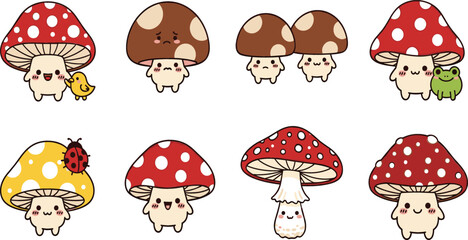 Cute kawaii mushroom characters vector set with smiling toadstools, forest friends and playful cartoon fungi illustration for kids designs © Jahangir