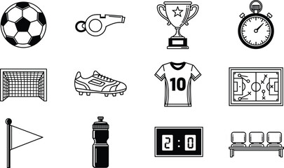 Soccer essentials icons vector illustration set, sports equipment graphic design, football tactical elements artwork, athletic competition emblem branding logo, game accessories collection © Ashraful