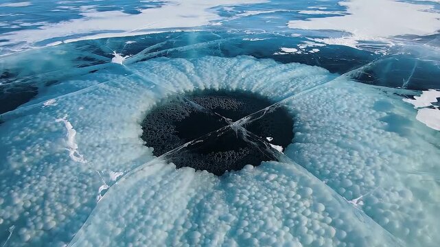 Top-down view of a frozen lake with intricate bubble patterns resembling an eye.