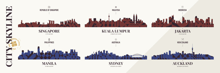 Panoramas of Southeast Asia and Oceania cityscape with abstract brutalism geometric pattern, City skyline silhouettes Singapore, Kuala Lumpur, Jakarta, Manila, Sydney, Auckland, urban cityscape kit 9