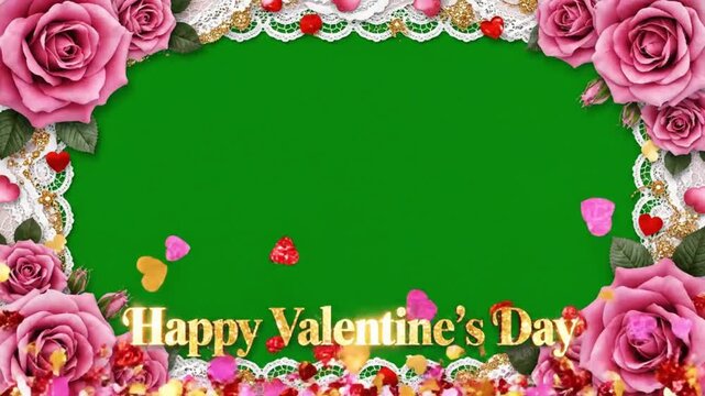 3D animation Valentine's Day greeting card template frame with floating confetti on a green screen background. 