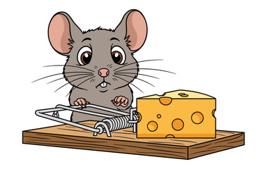 mouse cautiously approaches a cheese baited mousetrap, cartoon rat illustration
