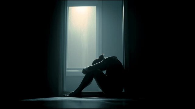 A solitary figure sits in despair, illuminated by a stark shaft of light piercing the gloom, evoking feelings of isolation and introspection