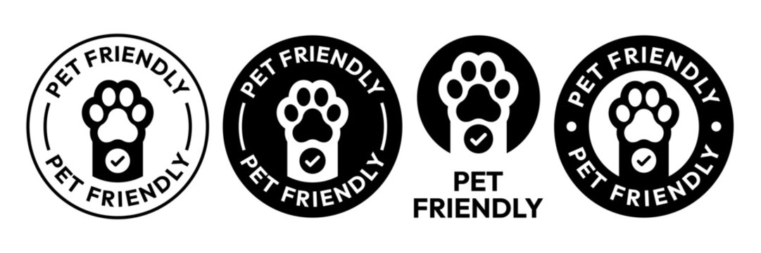 Pet Friendly icon set. Vet approved, Veterinary diet, Veterinarian approved icons. Pet Friendly logo, label, sign, badge, symbol, line, flat vector, isolated illustration. Dogs and cats allowed sign.