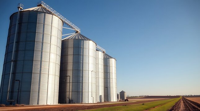 Metal grain silos on farmland under clear sky for agricultural storage concept