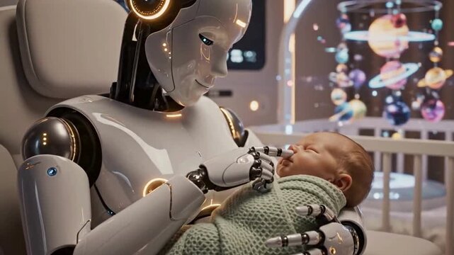 A futuristic humanoid robot gently cradling a newborn baby in a nursery with a planetary mobile.