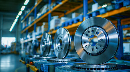 Shiny new metallic brake discs lined up in warehouse with shelves full of industrial automotive parts in the background and bright workshop lighting © Mikhail Vorobev