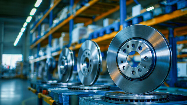 Shiny new metallic brake discs lined up in warehouse with shelves full of industrial automotive parts in the background and bright workshop lighting