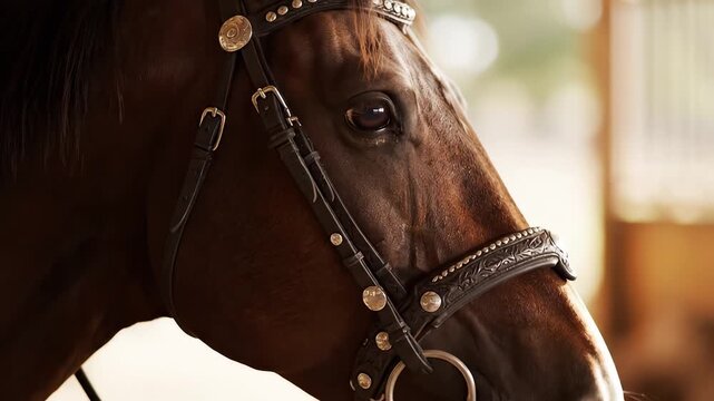 Closeup of a horse wearing a decorative bridle