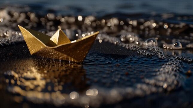  Golden paper boat on black sand with vintage digital camera aesthetic