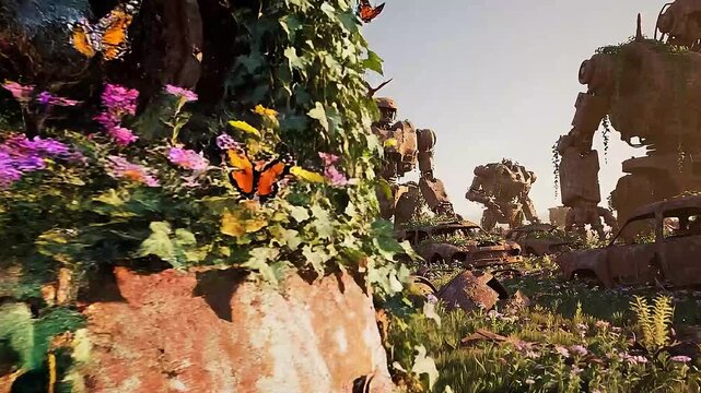A massive junkyard of rusted giant robots covered in wildflowers.