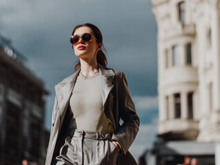 Obraz premium Geschäftsfrau mit Sonnenbrille läuft eilig durch die Stadt. Urbanes Business-Lifestyle-Motiv zu Termindruck, Mobilität und modernem Arbeitsalltag.