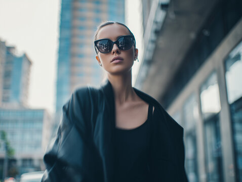 Gesch&auml;ftsfrau mit Sonnenbrille l&auml;uft eilig durch die Stadt. Urbanes Business-Lifestyle-Motiv zu Termindruck, Mobilit&auml;t und modernem Arbeitsalltag.