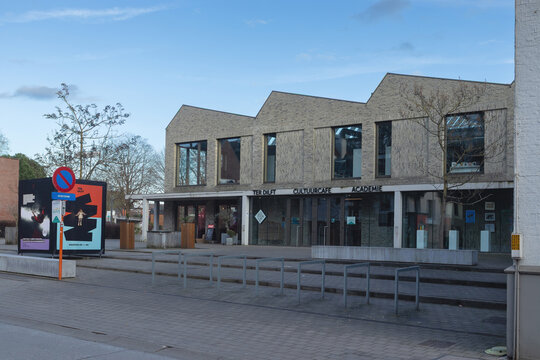 BORNEM, BELGIUM, 7 FEBRUARY 2026: View of the Dilft Culture Center in the city of Bornem, in the Province of Antwerp. The building houses a theatre, exhibition halls, cafe, and a library.