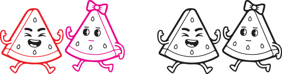Cute cartoon watermelon slices couple coloring page