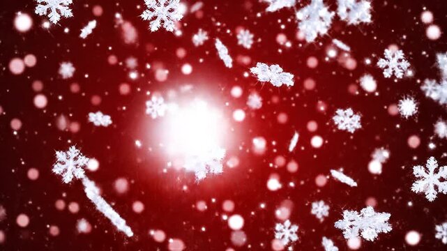  Beautiful red christmas background with bright snowflakes, sparkling snow flakes 