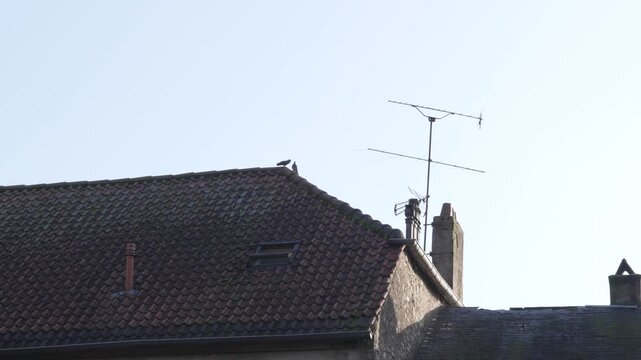 Close-up view of a tiled residential roof architectural feature European home in winter