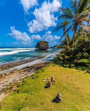 A view past rock stacks down the rocky shoreline at Bathsheba on the Atlantic coast of Barbados in January