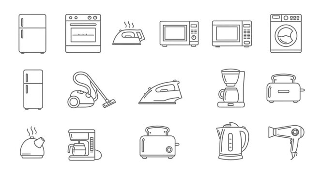 Household appliances and kitchen electronics line icon set. Vector symbols for washing machine, refrigerator, stove, microwave, vacuum cleaner, kettle, iron, and hairdryer. Isolated simple design.