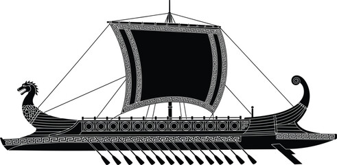 Ancient Greek trireme warship silhouette with sail, oars, dragon prow, naval architecture illustration concept for history, maritime, classical civilization, military, cultural artwork design © MdAzizulHaque