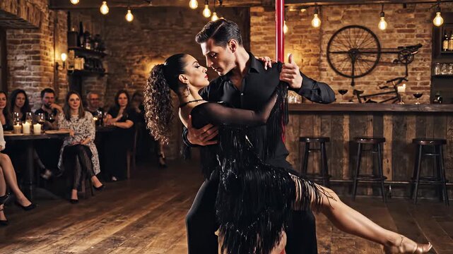 Couple dancing tango in bar