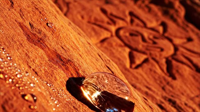 Macro of Water Drop Rolling Down Red Rock with Sun Symbol