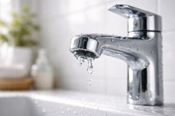Close-up of chrome faucet with water droplets in kitchen