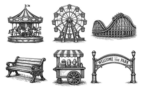Vintage amusement park engraving set, retro carnival attractions and fairground sketches in woodcut style