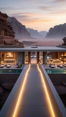 Modern desert villa architecture with pool and mountain scenery