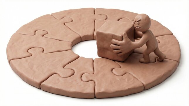 Humorous 3D Clay Illustration of Person Forcing Square Piece into Round Jigsaw Puzzle Hole