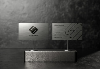 2 Engraved Metal Business Cards On Black Display Mockup