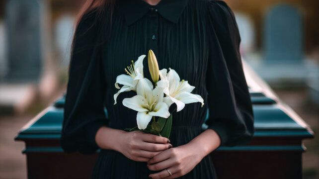 woman with white lilly flowers in the cemetery mourns at the grave