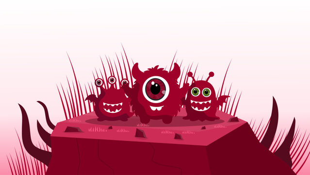 cute red monsters family gathering on pink rock platform in fantasy world