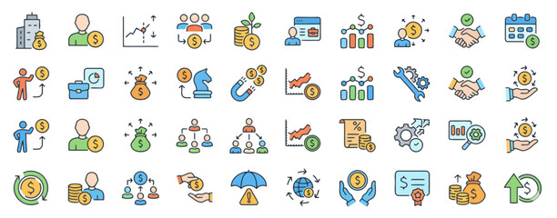Obraz premium Collection of diverse business and technology icons in various colors displayed on a grid