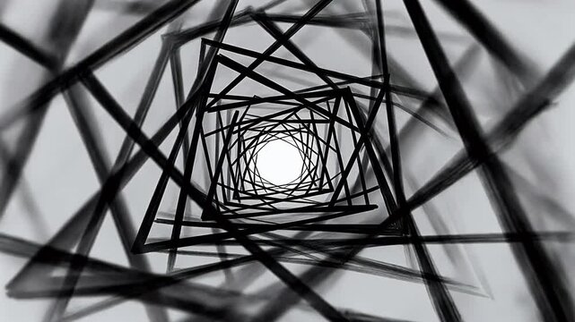 Black and white abstract spiral lines forming a tunnel perspective