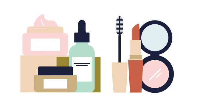Assorted beauty products and cosmetics arranged on a white background.