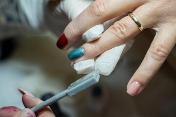 In a beauty salon, a manicurist uses a magnet to apply cat-eye green nail polish to a customer's hand (stock photo).