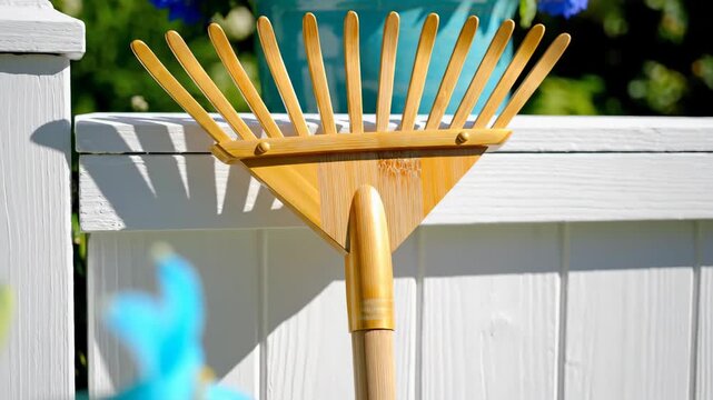 A close-up of a bamboo garden rake in a sunny backyard. Outdoor tool for spring cleaning and yard maintenance. Sustainable gardening equipment