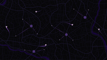 Location markers on futuristic city map interface with glowing purple. Vector illustration.