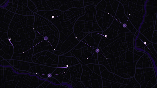 Location markers on futuristic city map interface with glowing purple. Vector illustration.