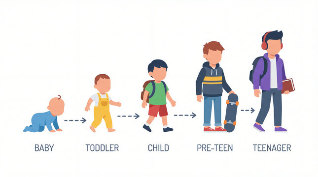
Child development milestones educational diagram showing growth stages from infancy through adolescence for pediatric assessment parenting guidance and age appropriate learning progression tracking