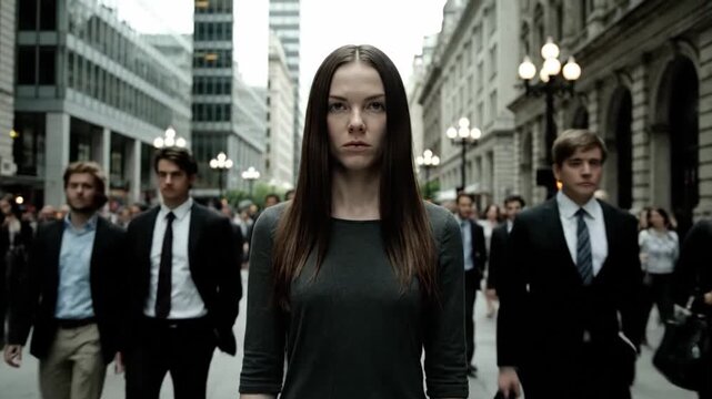 Caucasian woman feels isolated in bustling city square while surrounded by busy crowd