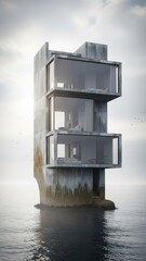 Modern concrete structure standing in calm waters