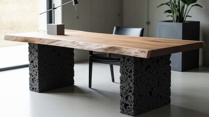 Modern wooden desk with black base in bright office