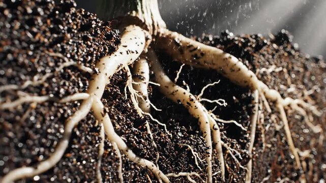 Close-up of plant roots growing in fertile soil. Watering the underground root system for nourishment. Agriculture and gardening growth concept