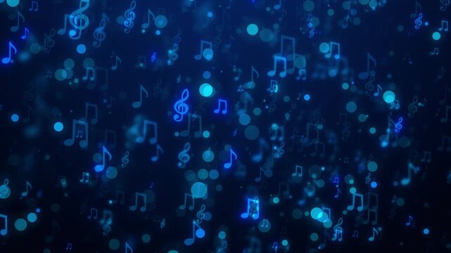 Abstract Blue Musical Notes And Glowing Bokeh Particles Floating In A Deep Dark Blue Ethereal Space. Highly Detailed Digital Background Featuring Treble Clefs And Eighth Notes With Soft Rhythmic Light